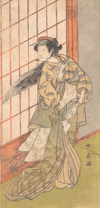 部屋に立つ怒れる女としての初代中村富十郎、1772年または1773年。 作： Shunsho
