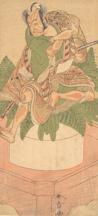 四代目市川團十郎が大餅の上に座る奴役として、1772年に描かれました。 作： Shunsho