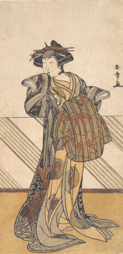桃色の着物を着た花魁としての四代目岩井半四郎。 1778年。 作： Shunsho