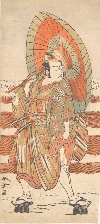 二代目市川彌生の雪中武士像、おそらく1774年。 作： Shunsho