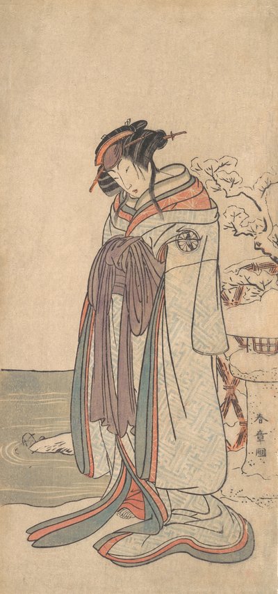 三代目瀬川菊之丞雪中花魁、おそらく1775年。 作： Shunsho