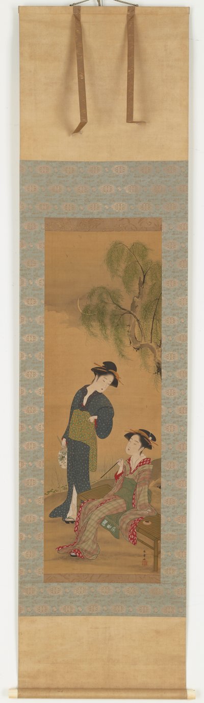 柳の木の下にいる 2 人の女性、1726 年～1792 年。 作： Shunsho