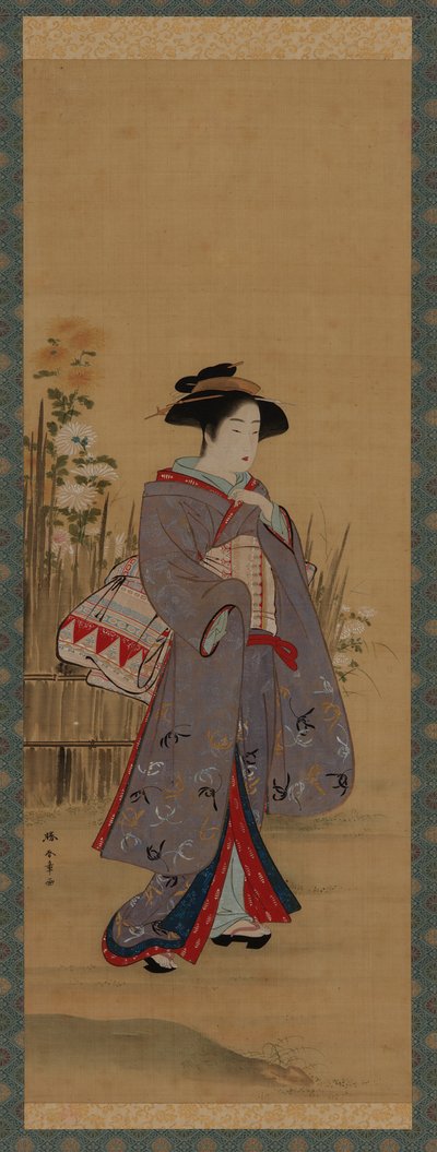 フェンスで囲まれた花の咲く庭の近くにいる女性、18 世紀後半。 作： Shunsho