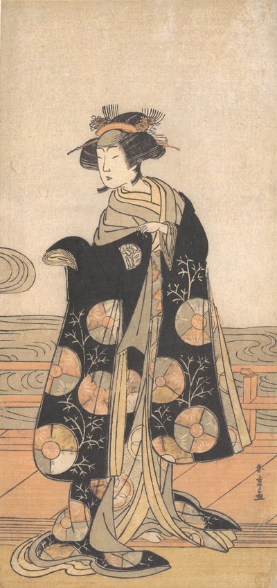 川沿いの家の縁側に立つ女としての吉沢いろは 1778年。 作： Shunsho