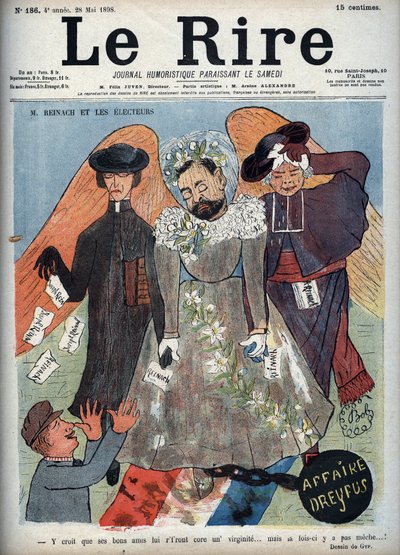 ドレフュス事件 - M.ライナッハと選挙人たち - ドレフュス事件でアルフレッド・ドレフュス（1859-1935）を弁護したジョセフ・ライナッハ（1856-1921）フランスの作家・政治家を表す風刺雑誌「Le Lire」の表紙 - Gyp（Sibyl）による漫画の挿絵。 作： Sibylle Gabrielle de Riquetti de Mirabeau