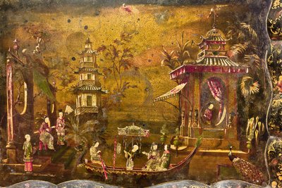 中国の漆を模した生活の風景のある風景のあるティーテーブル、トップのディテール 作： Sicilian School