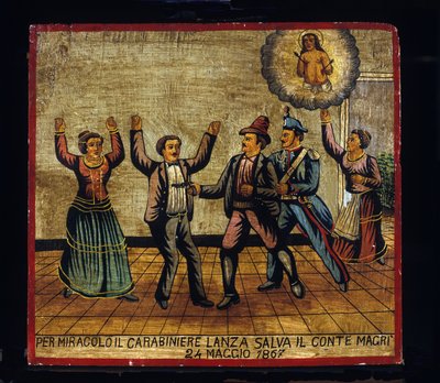 Ex-voto（ex voto）シチリア語：「奇跡的にカラビニエ・ランザは1867年5月24日にマグリ伯爵を救った」。強盗の表現（Brigantaggio）：強盗がピストルでマグリ夫妻を襲うが、カラビニエは背後から彼を驚かせる。. 作： Sicilian School