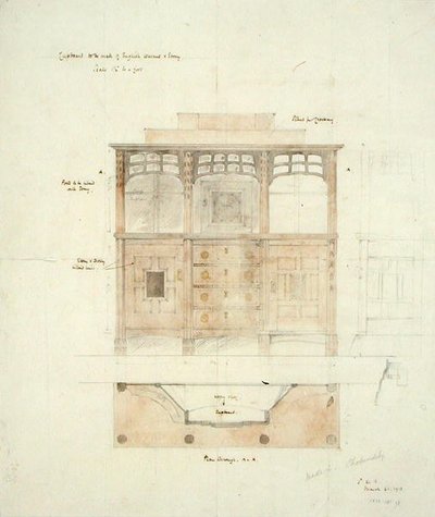 イングリッシュウォルナットと黒檀のカップボードのデザイン 作： Sidney Barnsley
