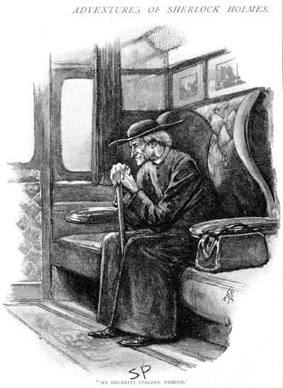 Arthur Conan Doyle The Adventure of the Final Problem ストランド マガジン、ロンドン、1893 年。 ホームズを描いた最初のアーティスト、シドニー E. パジェット (1860-1908) によるイラスト。 ホームズは、古いイタリア人司祭として、ロンドンのビクトリア駅からボートトレインが発車するのを待っています。 作： Sidney Paget
