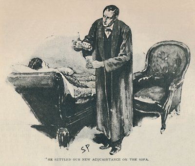 彼は私たちの新しい知人をソファに置いた、1892 作： Sidney Paget