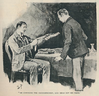 彼はハンカチをほどき、手を差し出した、1892年 作： Sidney Paget