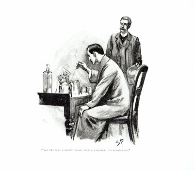 「ホームズは化学調査に懸命に取り組んでいた」、「海軍条約」のイラスト、Arthur Conan Doyle（1859-1930）、「Strand Magazine」、1893年10月および11月に発行（ 作： Sidney Paget
