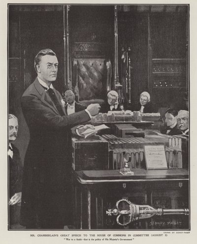 1901年8月2日、下院で行われたボーア戦争に関するジョセフ・チェンバレンの演説（リトグラフ）。 作： Sidney Paget
