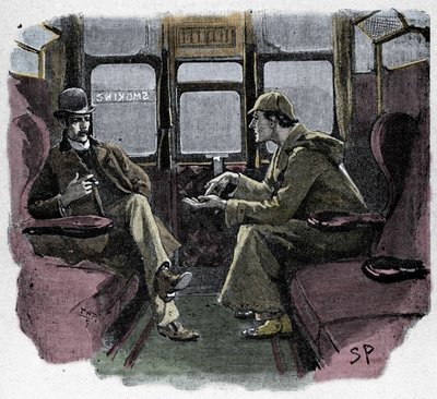 シルバーブレイズシドニー・パジェットがシャーロック・ホームズの冒険を描いたイラスト。名探偵がワトソン博士と一緒に列車に乗っている様子が描かれている。The Strand Magazine "に掲載。コナン・ドイルによるニュース。1892. 作： Sidney Paget