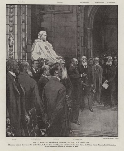 ロンドンのサウスケンジントンにある自然史博物館の大ホールにあるThomas Henry Huxley教授の銅像（リトグラフ 作： Sidney Paget