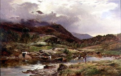 手前に牛がいる山間部の川の風景（油彩） 作： Sidney Richard Percy