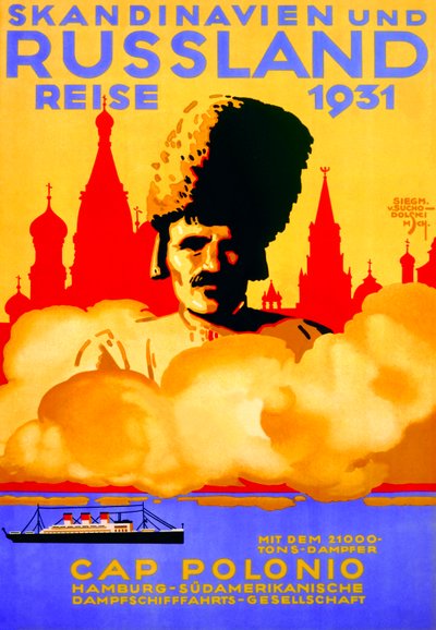「スカンジナビアとロシアクルーズ」、ハンブルクサザンラインの広告、1931年 作： Siegmund von Suchodolski