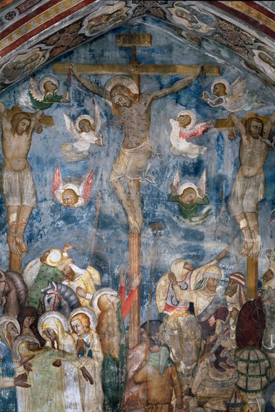 十字架上のキリスト「INRI」の磔刑。シエナの学校のフレスコ画の詳細 作： Sienese School