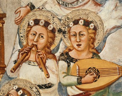 聖母の生涯。「聖母の休眠と聖母被昇天」 音楽家の天使たちが2本のくちばしで笛を吹いたり、リュートを演奏する様子を描いたディテール - シエナの学校のフレスコ画（14世紀） 聖ベネデット修道院（サクロ・スペコ）、聖母被昇天の礼拝堂。 作： Sienese School