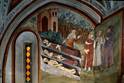死者と生者の出会い シエナの学校のフレスコ画の詳細。14世紀サン・ブノワ修道院（サクロ・スペコ）、階段、スビアコ（ローマ）、イタリア 作： Sienese School