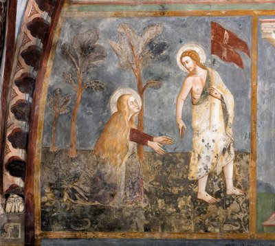 Noli me tangere（私に触らないで）。シエナの学校のフレスコ画。14世紀。上級教会。サン・ベネデット修道院（サクロ・スペコ）、スビアコ（ローマ）、イタリア 作： Sienese School