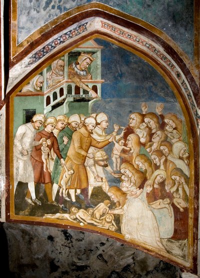 無辜の民の虐殺 シエナの学校のフレスコ画の細部（14世紀） 1363～1366年 イタリア、スビアコ（ローマ）の聖ベネデット修道院（サクロ・スペコ）。 作： Sienese School