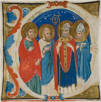 聖歌隊の本の歴史的なイニシャル「E」の 2 人の聖人と 2 人の司教 作： Sienese School