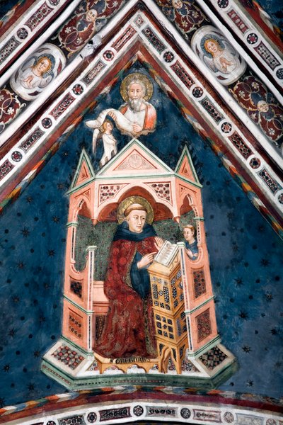 ローマ教会の4人の医師を表す上部教会の金庫室の1つを飾るフレスコ画の詳細のビュー：聖グレゴワール1世と伝道者聖マチュー 作： Sienese School