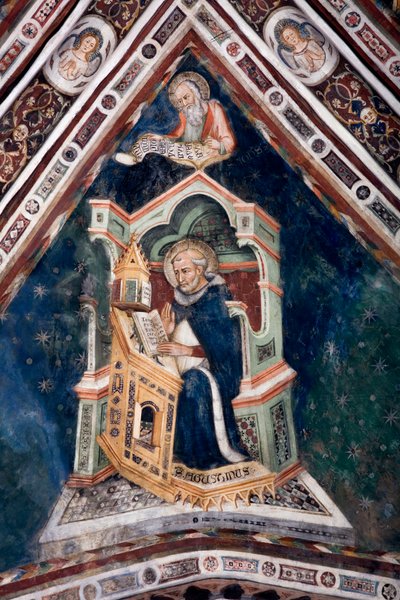 ローマ教会の4人の博士を表現した、上の教会の丸天井の一つを飾るフレスコ画の詳細を見る。ヒッポの聖アウグスティヌスと福音書記者の聖ヨハネ。サン・ベネデット修道院（サクロ・スペコ）、スビアコ（ローマ）、イタリア 作： Sienese School