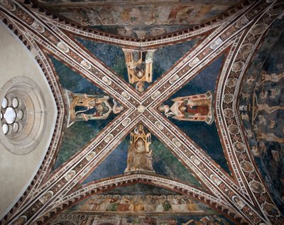 ローマ教会の4人の医師を表す上部教会の金庫室の1つを飾るフレスコ画の眺め：ミラノのアンブロジウス 作： Sienese School
