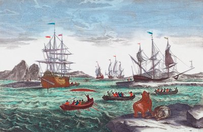 18 世紀のグリーンランド沖の捕鯨船 (彫刻) 作： Sieuwert van der Meulen