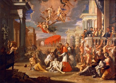 1576年、ペストの犠牲者に聖餐式を行う聖シャルル・ボロメロ、シギスムンド・カウラ（1637-1713）作、油彩・キャンバス、97x147cm 作： Sigismondo Caula