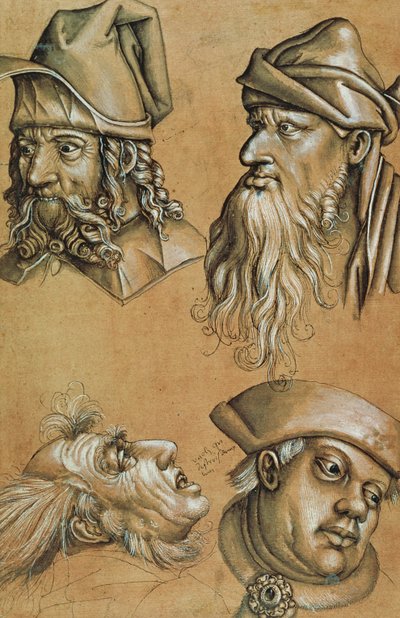 情熱シリーズの4つのヘッドの研究（ペンとインク、ウォッシュ、紙のボディカラー） 作： Sigmund Holbein