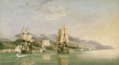 ライグレリアとアラッシオにおけるフランス商船18隻の船団攻撃、1812年6月27日、19世紀初頭（ペン、インク、黒鉛、水彩画） 作： Silas Thomson (attr.to) Hood