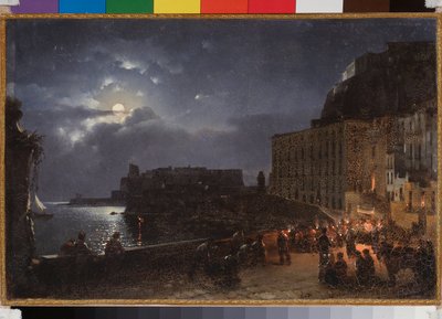 満月の夜、ナポリ (イタリア) のサンタ ルチア埠頭。 Sylvester Feodosiyevich Shchedrin（Sylvester Shchedrin）（1791-1830）による絵画、キャンバスに油彩 作： Silvestr Fedosievich Shchedrin