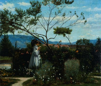 シルベストロ・レガ（1826-1895）の「庭の花の中で」。 作： Silvestro Lega