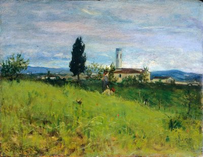 田舎の教会」シルベストロ・レガ（1826-1895）作、パネルに油彩、29x38cm 作： Silvestro Lega