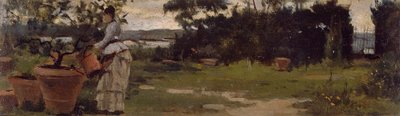 ベラリバの庭」1884年頃 シルベストロ・レガ（1826-1895）作 パネルに油彩 7x23.5cm 作： Silvestro Lega