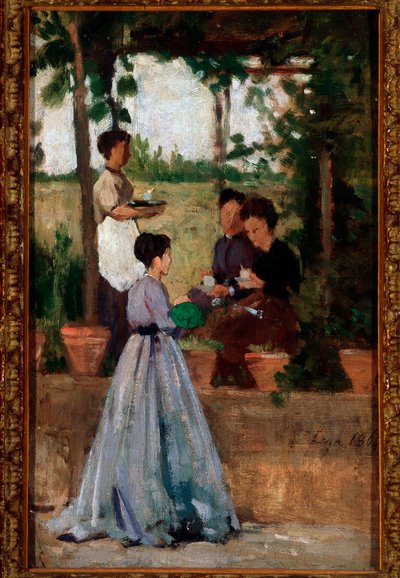 パーゴラの下でコーヒーを飲むイタリアの女性たち - 油彩・キャンバス 作： Silvestro Lega