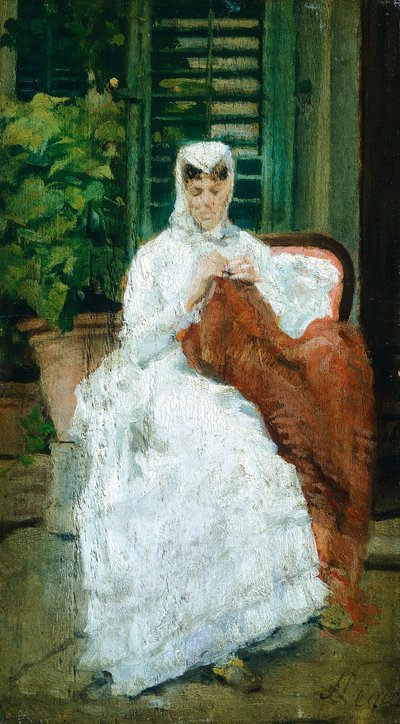 裁縫をする女性、シルベストロ・レガ（1826-1895）作、パネルに油彩、27.5x15.5cm 作： Silvestro Lega