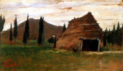 茅葺き屋根のある風景 作： Silvestro Lega