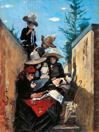 クレメンティーナ・フィオリーニ夫人と娘たち（ポッジョ・ピアノにて 作： Silvestro Lega