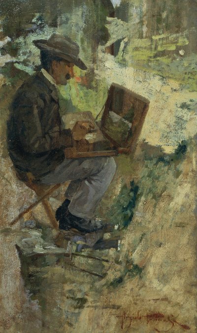 シルベストロ・レガの肖像」 アンジョロ・トマシー（1858-1923）作 油彩・パネル 作： Silvestro Lega