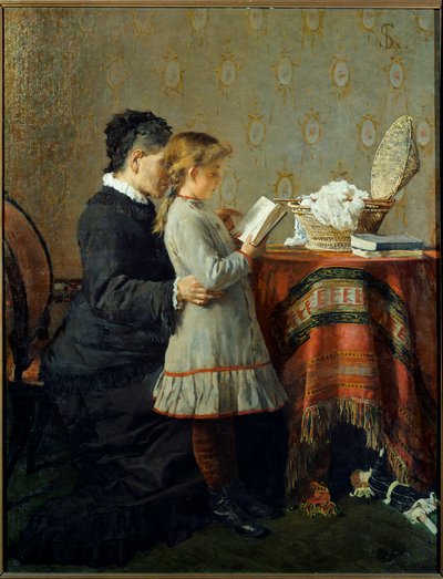 読書のレッスン看護師が少女の読み方を学ぶ。シルベストロ・レガ（1826-1895）の絵画 Ec.Ital 作： Silvestro Lega