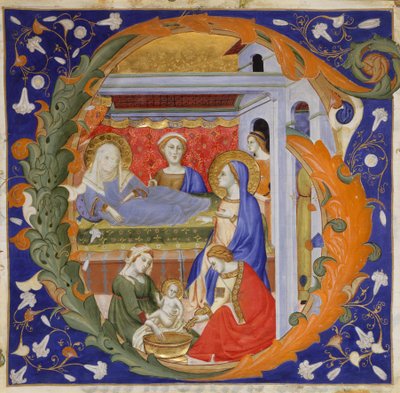イニシャル G で聖母の誕生を伴う写本の照明、グラデーションから、約 1375年。 作： Silvestro dei Gherarducci