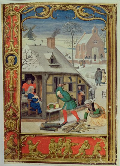 追加 24098 f.18v 1 月: Book of Hours または Golf Book、c.1520-30 (ベラム) からの丸太の切り刻みとそり 作： Simon (workshop of) Bening
