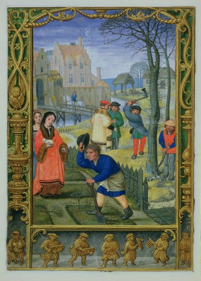 追加 24098 f.20v 3 月: Book of Hours または Golf Book からのガーデニングと伐採の木、1520-30 年頃 (ベラム) 作： Simon (workshop of) Bening