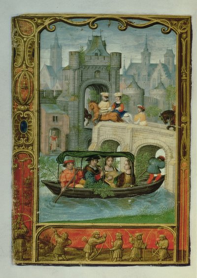 追加 24098 f.22v 5 月: ボート パーティーとアーチェリー、Book of Hours、または Golf Book、c.1520-30 (ベラム) から 作： Simon (workshop of) Bening