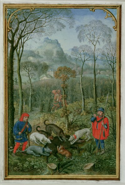 18855 f.108v 12 月: イノシシを殺す、Book of Hours、1540 年頃 (ベラム) 作： Simon Bening