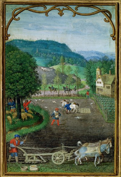 18855年10月を追加：耕作と播種、Book of Hours、c.1540から 作： Simon Bening